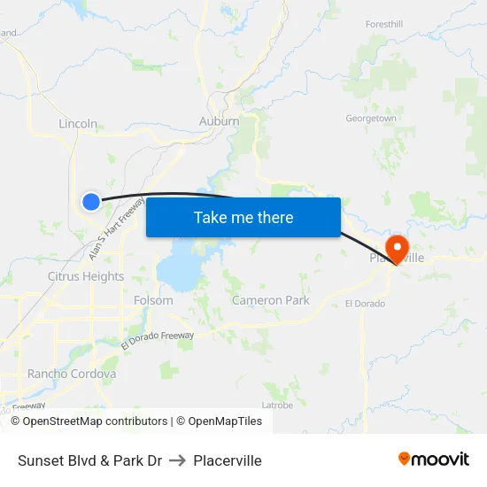 Sunset Blvd & Park Dr to Placerville map