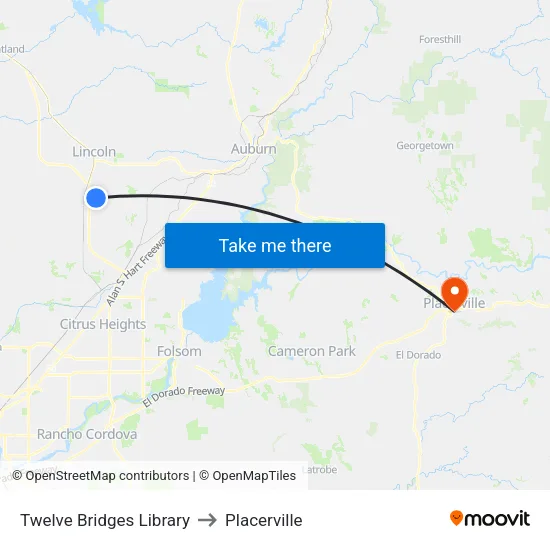 Twelve Bridges Library to Placerville map