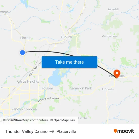 Thunder Valley Casino to Placerville map