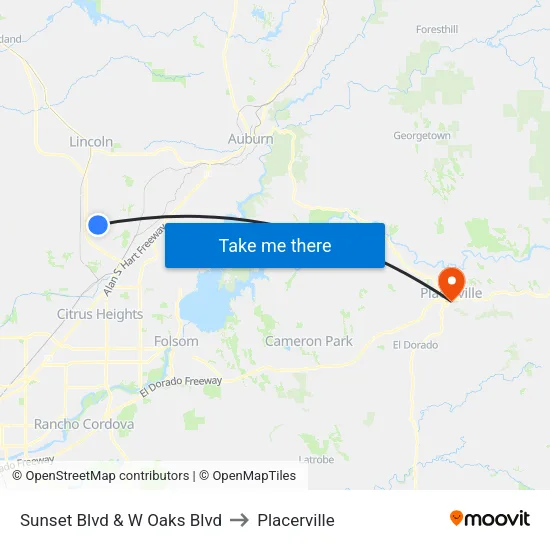 Sunset Blvd & W Oaks Blvd to Placerville map