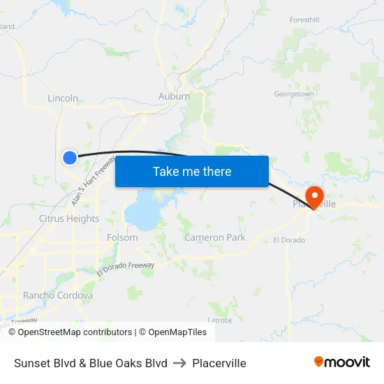 Sunset Blvd & Blue Oaks Blvd to Placerville map