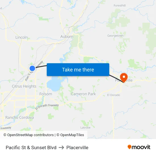 Pacific St & Sunset Blvd to Placerville map