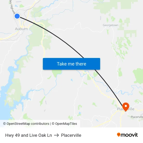 Hwy 49 and Live Oak Ln to Placerville map
