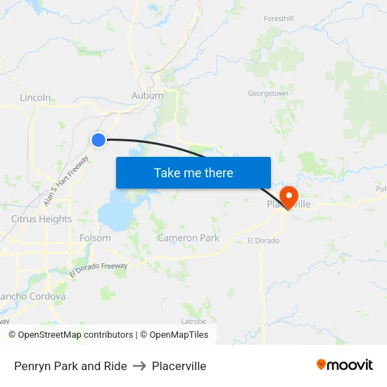 Penryn Park and Ride to Placerville map
