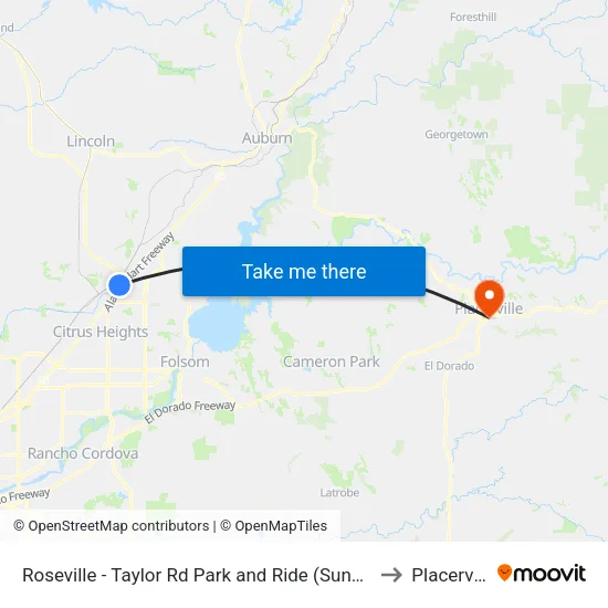 Roseville - Taylor Rd Park and Ride (Sunsplash) to Placerville map
