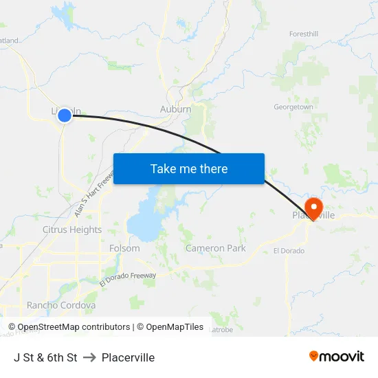 J St & 6th St to Placerville map
