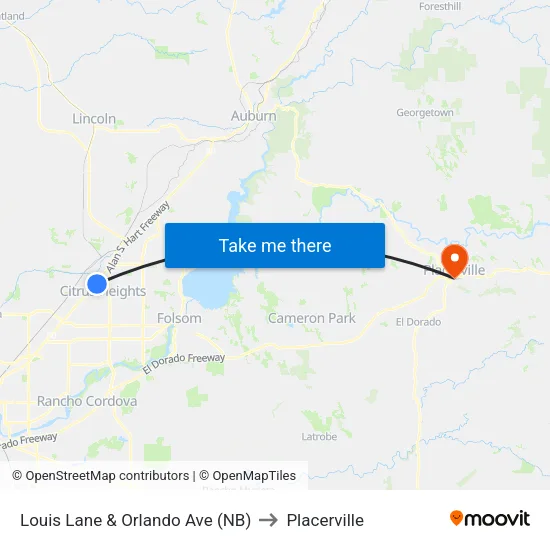 Louis Lane & Orlando Ave (NB) to Placerville map