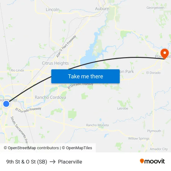 9th St & O St (SB) to Placerville map