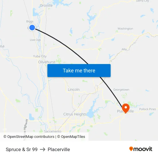 Spruce & Sr 99 to Placerville map