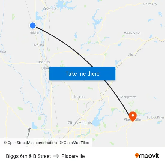 Biggs 6th & B Street to Placerville map