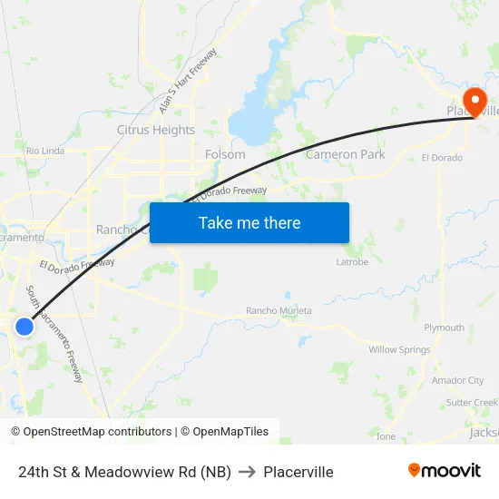 24th St & Meadowview Rd (NB) to Placerville map