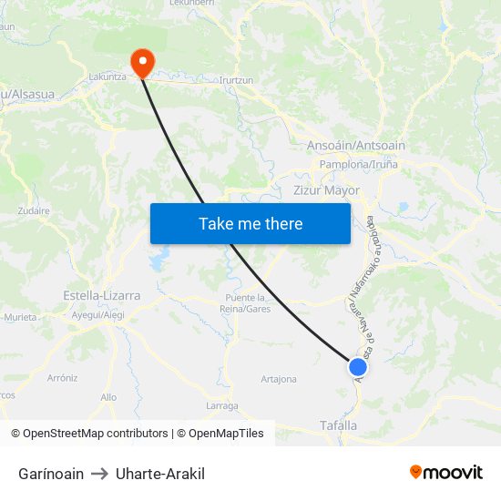 Garínoain to Uharte-Arakil map