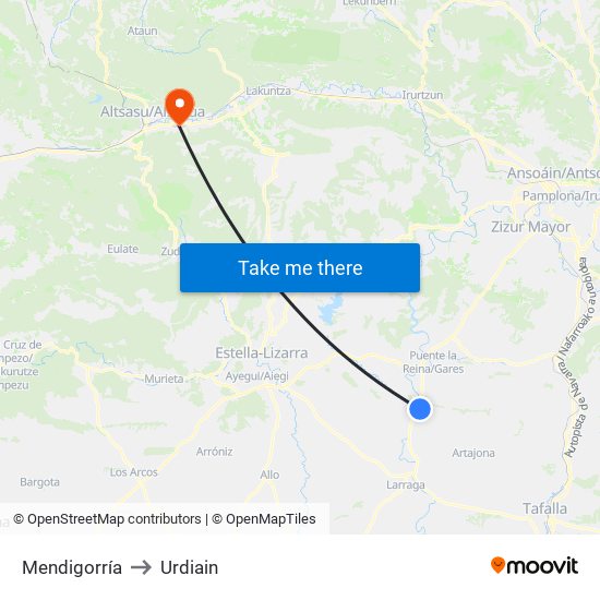 Mendigorría to Urdiain map