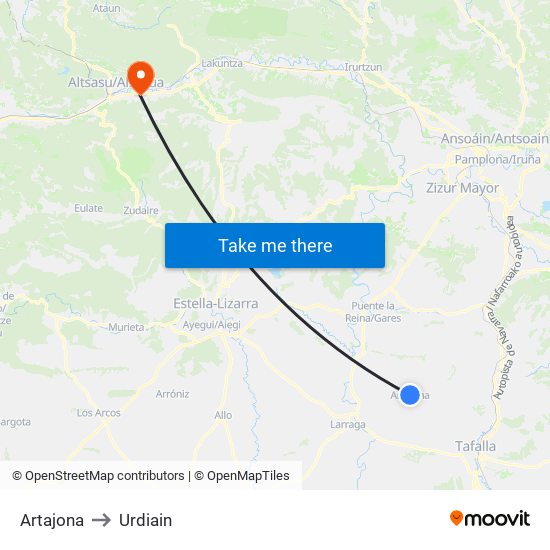 Artajona to Urdiain map