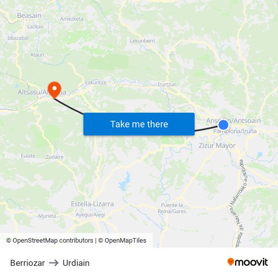 Berriozar to Urdiain map