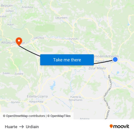 Huarte to Urdiain map