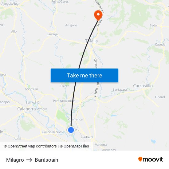 Milagro to Barásoain map