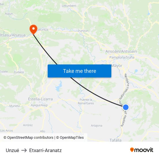Unzué to Etxarri-Aranatz map