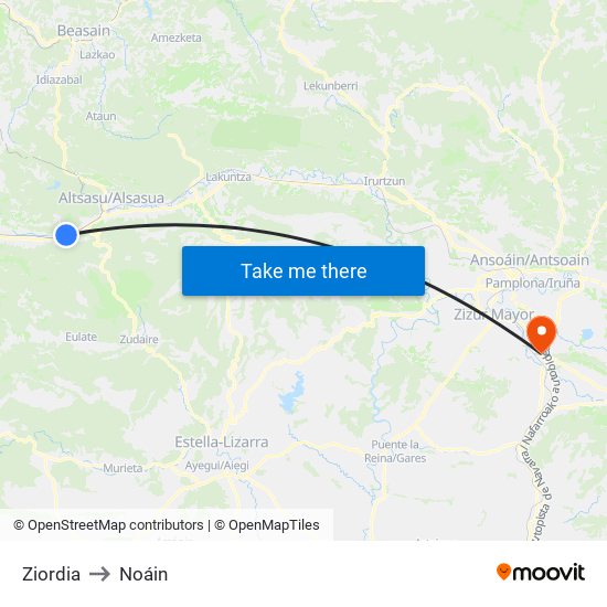 Ziordia to Noáin map