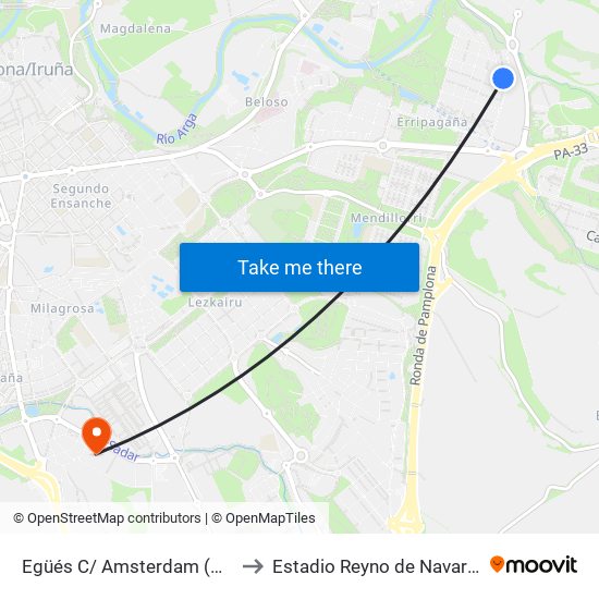 Egüés C/ Amsterdam (C/ Roma) to Estadio Reyno de Navarra Arena map