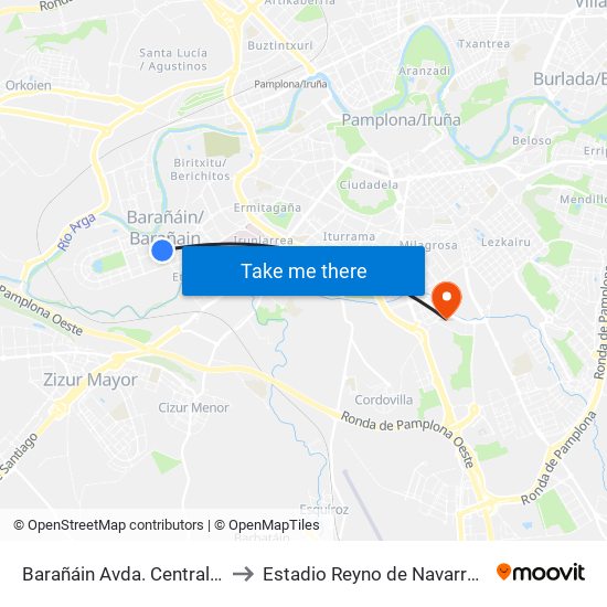 Barañáin Avda. Central Nº 14 to Estadio Reyno de Navarra Arena map