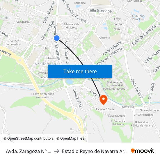 Avda. Zaragoza Nº 61 to Estadio Reyno de Navarra Arena map