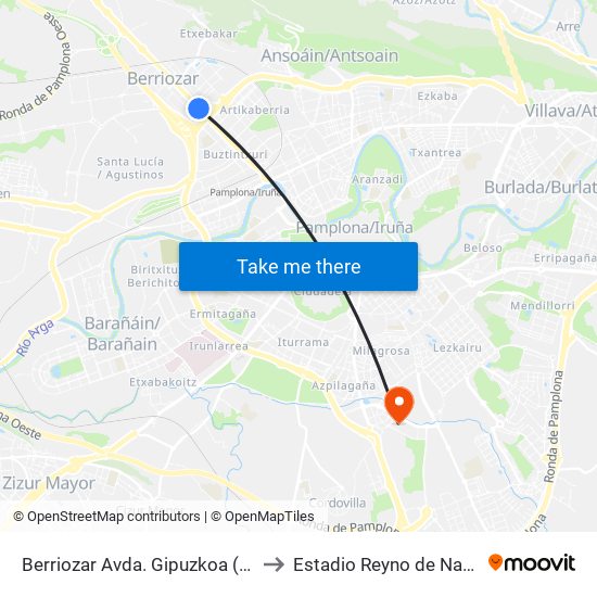 Berriozar Avda. Gipuzkoa (Frente Nº 61) to Estadio Reyno de Navarra Arena map