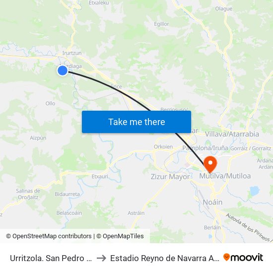 Urritzola. San Pedro K. 2 to Estadio Reyno de Navarra Arena map