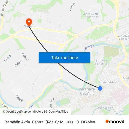 Barañáin Avda. Central (Rot. C/ Miluze) to Orkoien map