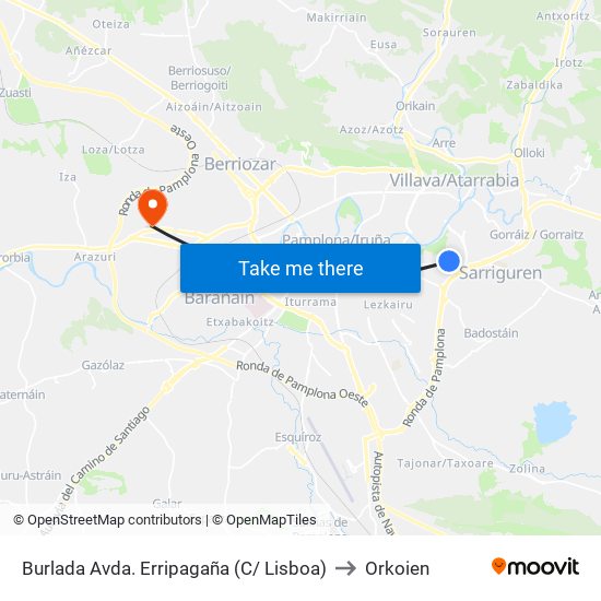 Burlada Avda. Erripagaña (C/ Lisboa) to Orkoien map