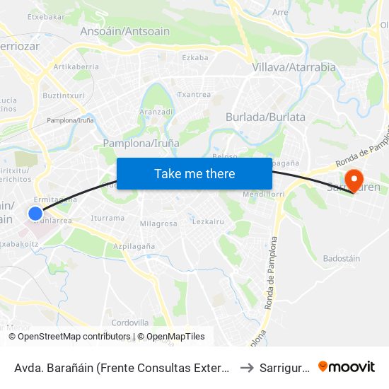 Avda. Barañáin (Frente Consultas Externas) to Sarriguren map
