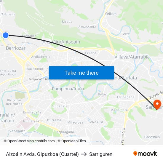 Aizoáin Avda. Gipuzkoa (Cuartel) to Sarriguren map