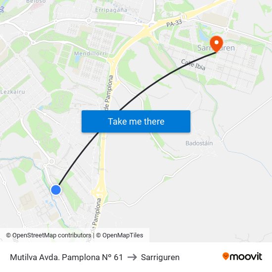 Mutilva Avda. Pamplona Nº 61 to Sarriguren map