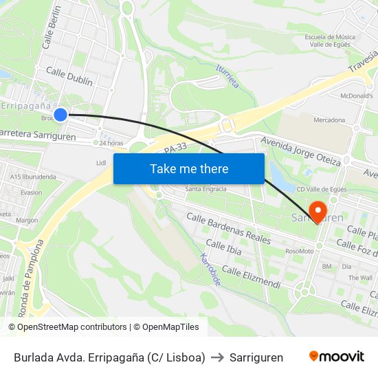 Burlada Avda. Erripagaña (C/ Lisboa) to Sarriguren map