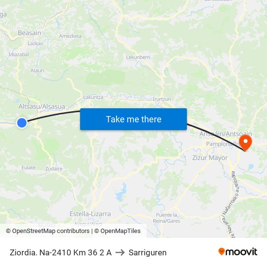 Ziordia. Na-2410 Km 36 2 A to Sarriguren map