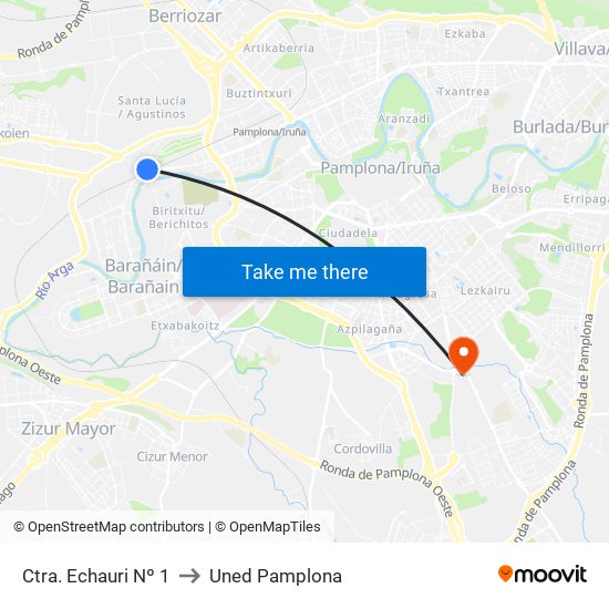 Ctra. Echauri Nº 1 to Uned Pamplona map