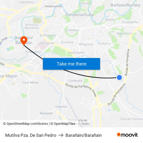 Mutilva Pza. De San Pedro to Barañáin/Barañain map