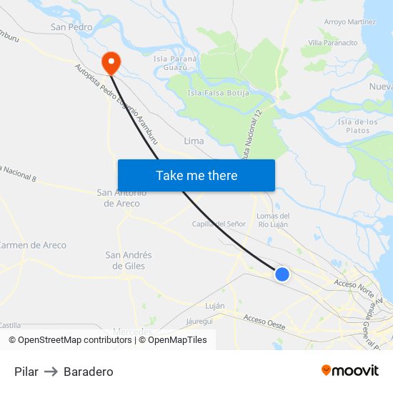 Pilar to Baradero map