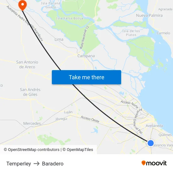 Temperley to Baradero map