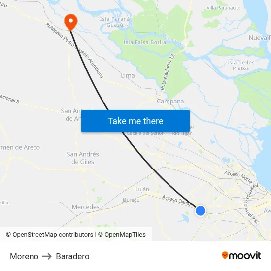 Moreno to Baradero map