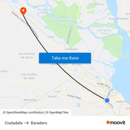 Ciudadela to Baradero map