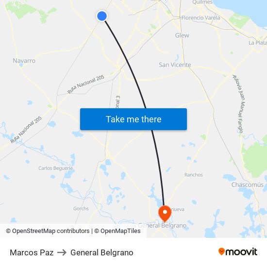 Marcos Paz to General Belgrano map