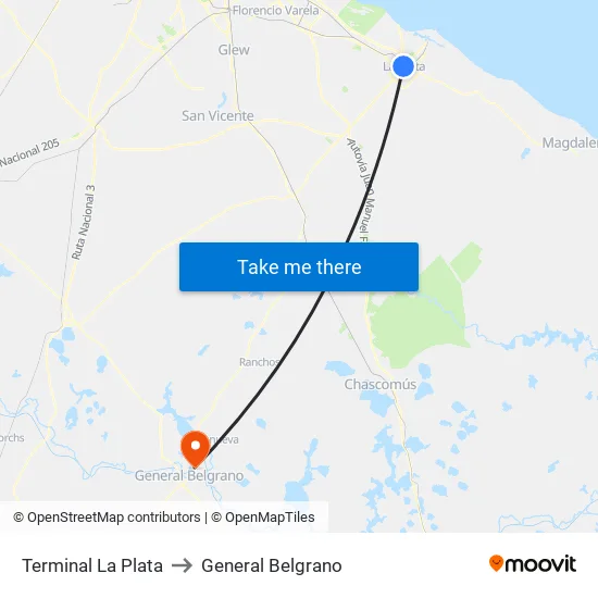 Terminal La Plata to General Belgrano map