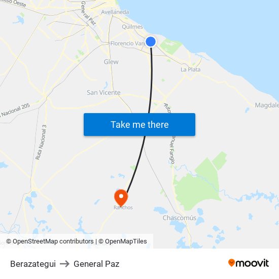 Berazategui to General Paz map