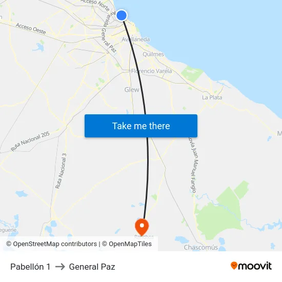 Pabellón 1 to General Paz map