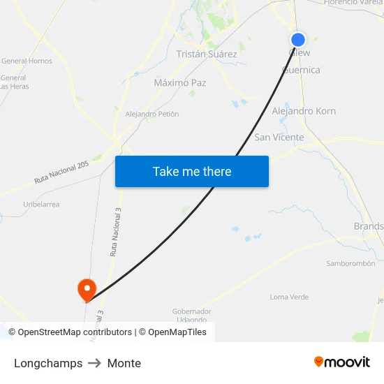 Longchamps to Monte map