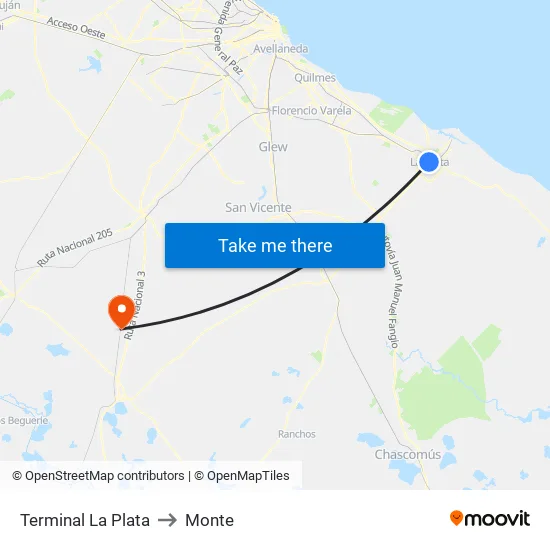 Terminal La Plata to Monte map