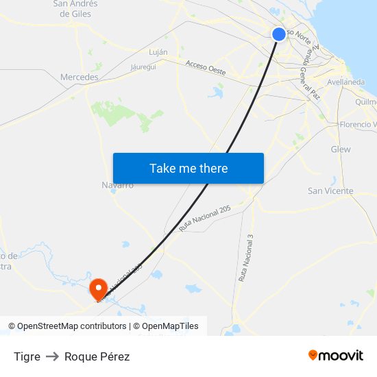 Tigre to Roque Pérez map