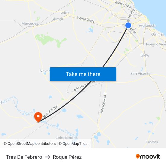 Tres De Febrero to Roque Pérez map