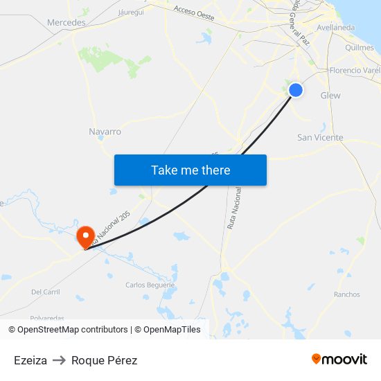 Ezeiza to Roque Pérez map